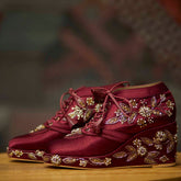 Maroon Satin Embroidered Bridal Sneaker Wedges - Customized Wedding Shoes | Tiesta